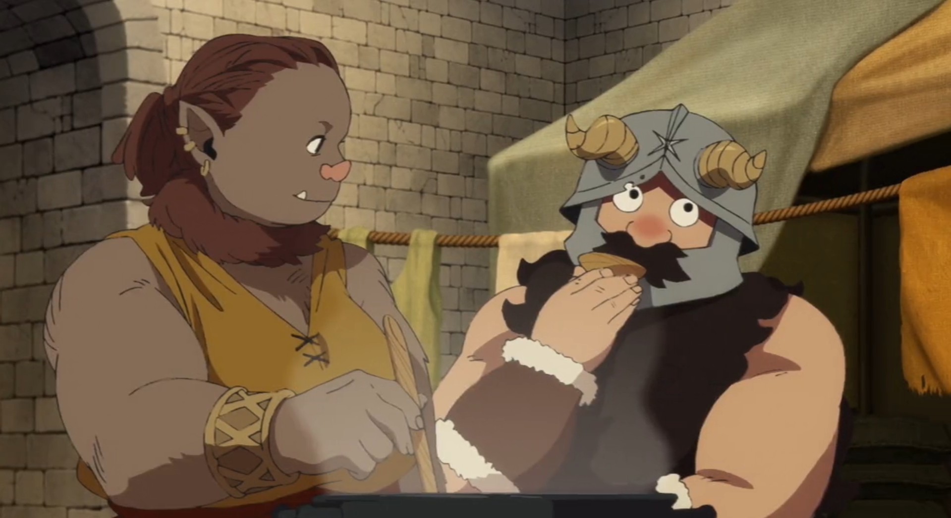 Senshi from Delicious in Dungeon tasting soup while cooking with an orc lady.